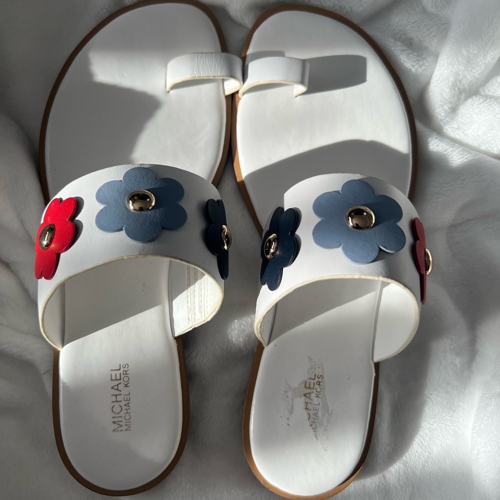 Michael Kors White Sandals with Red and Blue Floral Accents